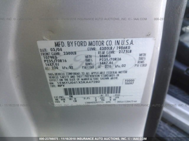 1FMYU041X5KA47280 - 2005 FORD ESCAPE LIMITED SILVER photo 9