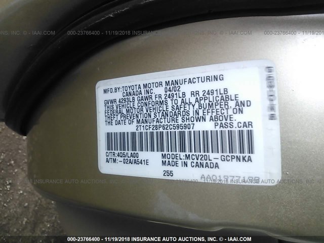 2T1CF28P62C595907 - 2002 TOYOTA CAMRY SOLARA SE/SLE BROWN photo 9