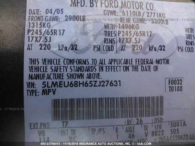 5LMEU68H65ZJ27631 - 2005 LINCOLN AVIATOR 黑色 照片 9