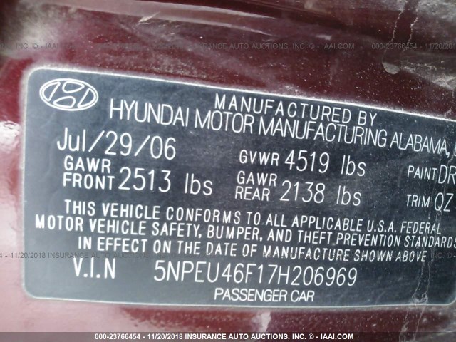 5NPEU46F17H206969 - 2007 HYUNDAI SONATA SE/LIMITED MAROON photo 9