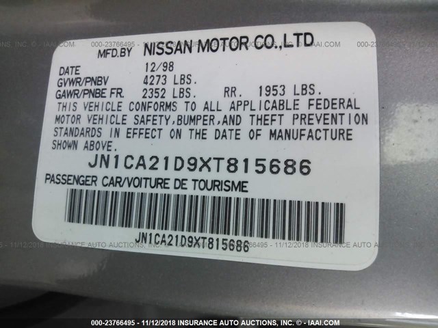 JN1CA21D9XT815686 - 1999 NISSAN MAXIMA GLE/GXE/SE GRAY photo 9