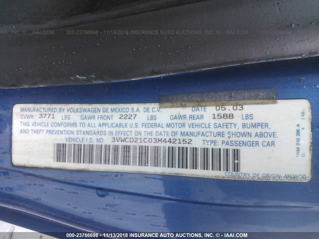 3VWCD21C03M442152 - 2003 VOLKSWAGEN NEW BEETLE GLS BLUE photo 9