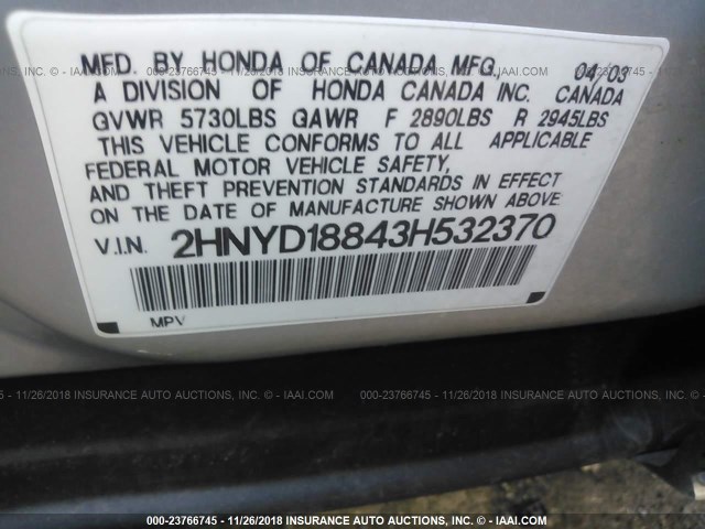 2HNYD18843H532370 - 2003 ACURA MDX SILVER photo 9