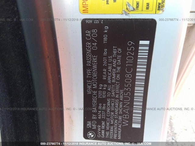 WBANU53508C110259 - 2008 BMW 528 I WHITE photo 9