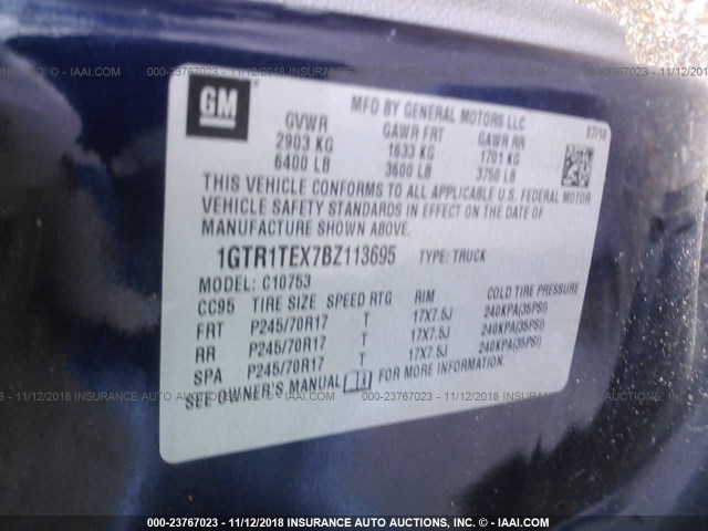 1GTR1TEX7BZ113695 - 2011 GMC SIERRA C1500 BLUE photo 9