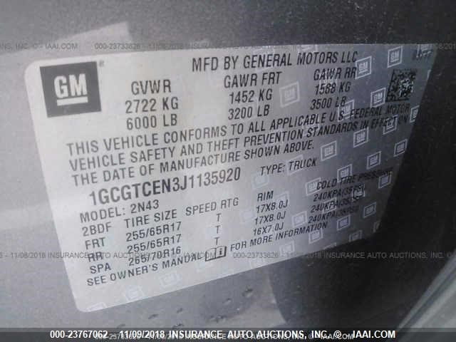 1GCGTCEN3J1135920 - 2018 CHEVROLET COLORADO LT GRAY photo 9