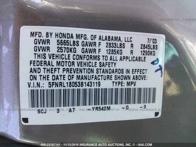 5FNRL18053B143119 - 2003 HONDA ODYSSEY EXL GOLD photo 9