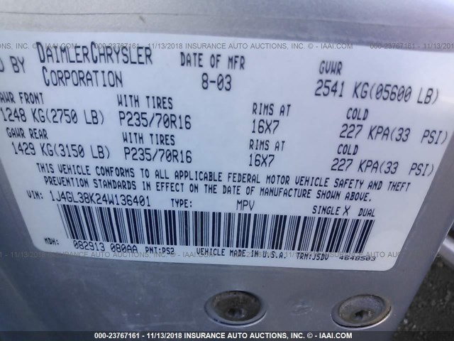 1J4GL38K24W136401 - 2004 JEEP LIBERTY RENEGADE SILVER photo 9