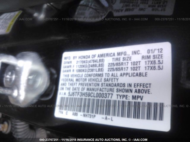 5J6TF3H59CL000377 - 2012 HONDA CROSSTOUR EXL შავი ფოტო 9