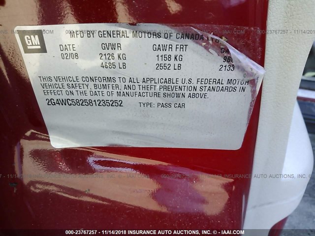 2G4WC582581235252 - 2008 BUICK LACROSSE CX RED photo 9