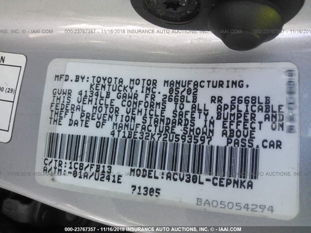 4T1BE32K72U593597 - 2002 TOYOTA CAMRY LE/XLE/SE SILVER photo 9
