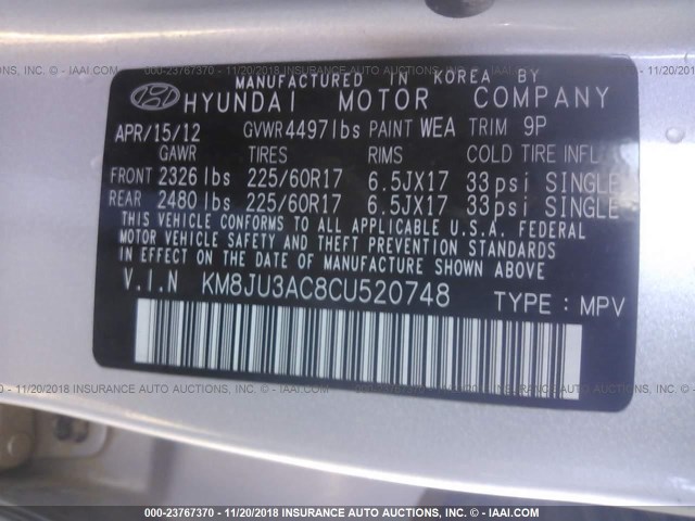 KM8JU3AC8CU520748 - 2012 HYUNDAI TUCSON GLS/LIMITED 银色 照片 9