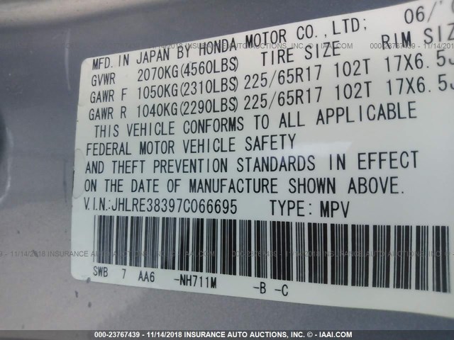 JHLRE38397C066695 - 2007 HONDA CR-V LX SILVER photo 9