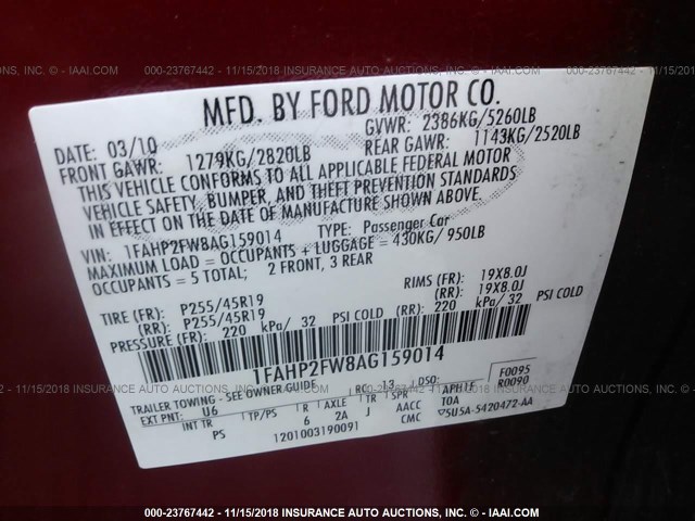 1FAHP2FW8AG159014 - 2010 FORD TAURUS LIMITED RED photo 9