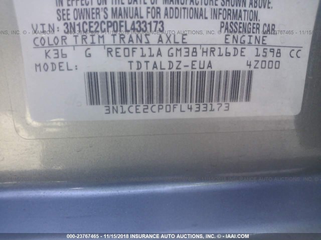 3N1CE2CP0FL433173 - 2015 NISSAN VERSA NOTE S/S PLUS/SV/SL/SR GRAY photo 9