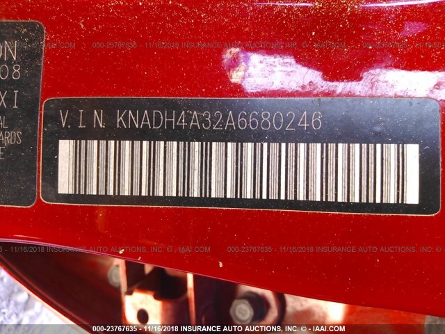 KNADH4A32A6680246 - 2010 KIA RIO LX/SX RED photo 9