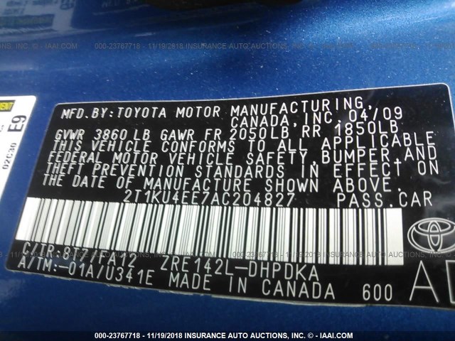 2T1KU4EE7AC204827 - 2010 TOYOTA COROLLA MATRIX  BLUE photo 9