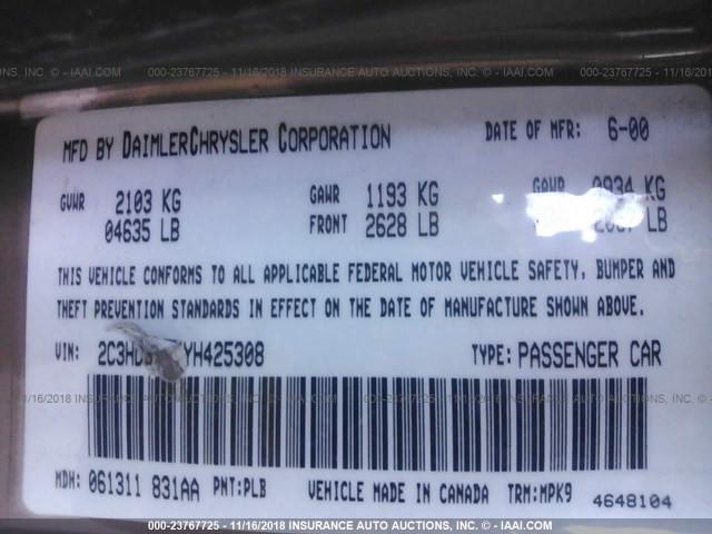 2C3HD36J8YH425308 - 2000 CHRYSLER CONCORDE LXI BROWN photo 9