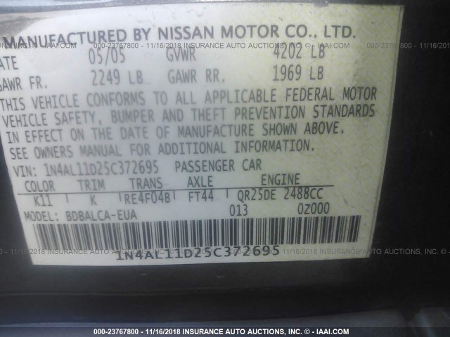 1N4AL11D25C372695 - 2005 NISSAN ALTIMA S/SL GRAY photo 9