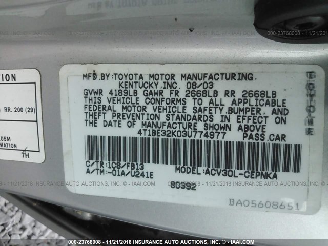 4T1BE32K03U774977 - 2003 TOYOTA CAMRY LE/XLE/SE SILVER photo 9