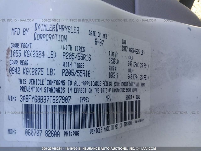 3A8FY68B37T627907 - 2007 CHRYSLER PT CRUISER LIMITED WHITE photo 9