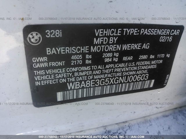 WBA8E3G5XGNU00603 - 2016 BMW 328 XI SULEV WHITE photo 9