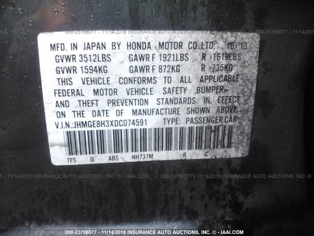 JHMGE8H3XDC074591 - 2013 HONDA FIT GRAY photo 9