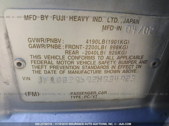 JF1GG29692H834923 - 2002 SUBARU IMPREZA WRX SILVER photo 9