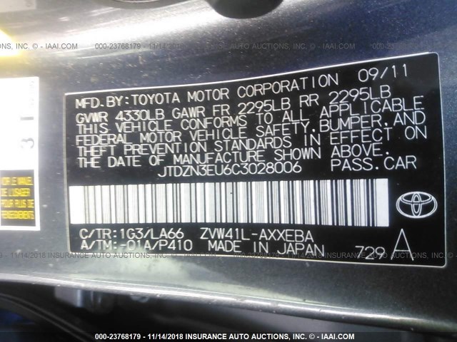 JTDZN3EU6C3028006 - 2012 TOYOTA PRIUS V GRAY photo 9