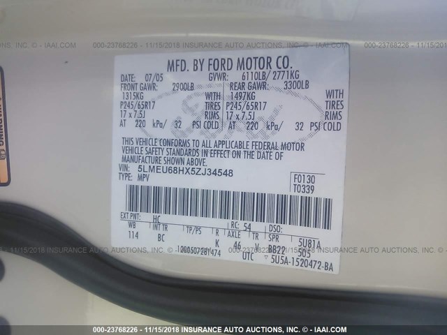 5LMEU68HX5ZJ34548 - 2005 LINCOLN AVIATOR 米色 照片 9