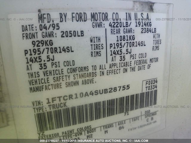 1FTCR10A4SUB28755 - 1995 FORD RANGER WHITE photo 9