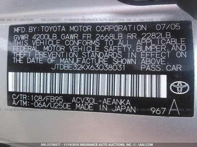 JTDBE32KX63038031 - 2006 TOYOTA CAMRY LE/XLE 银色 照片 9
