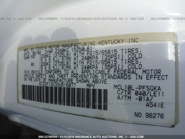 4T3ZF13C33U516077 - 2003 TOYOTA SIENNA LE/XLE WHITE photo 9