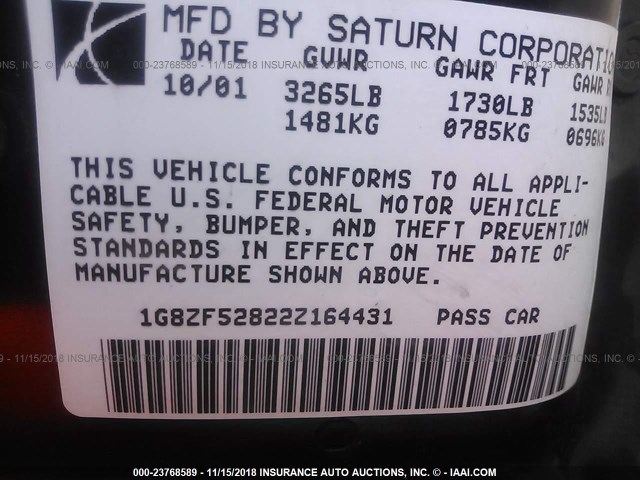 1G8ZF52822Z164431 - 2002 SATURN SL 蓝色 照片 9