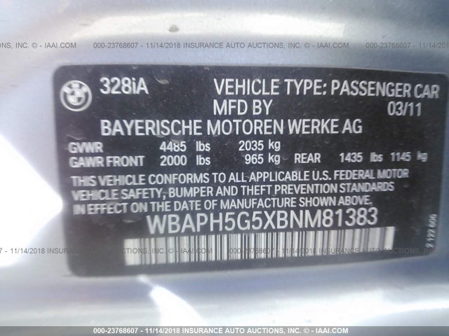 WBAPH5G5XBNM81383 - 2011 BMW 328 I SULEV BLUE photo 9