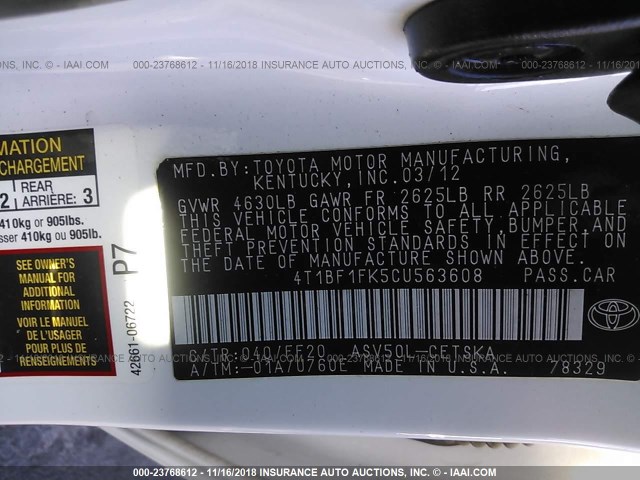 4T1BF1FK5CU563608 - 2012 TOYOTA CAMRY SE/LE/XLE WHITE photo 9