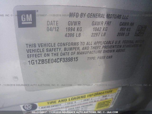 1G1ZB5E04CF339815 - 2012 CHEVROLET MALIBU LS ვერცხლისფერი ფოტო 9