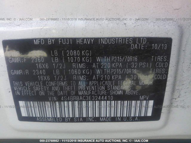 4S4BRBAC3E3244410 - 2014 SUBARU OUTBACK 2.5I WHITE photo 9