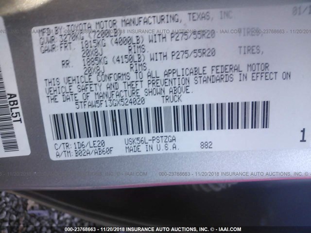 5TFAW5F13GX524020 - 2016 TOYOTA TUNDRA CREWMAX 1794/PLATINUM 灰色 照片 9