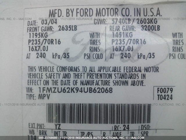 1FMZU62K94UB62068 - 2004 FORD EXPLORER XLS/XLS SPORT WHITE photo 9