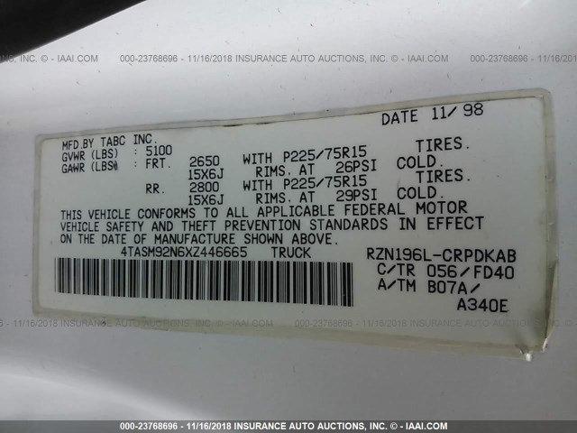 4TASM92N6XZ446665 - 1999 TOYOTA TACOMA XTRACAB PRERUNNER თეთრი ფოტო 9