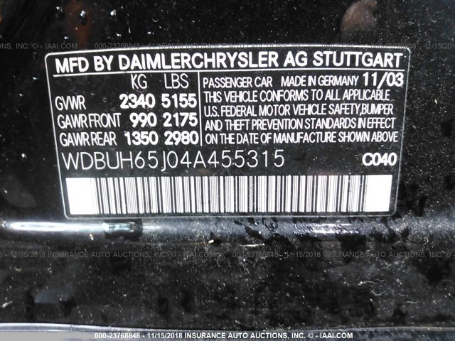 WDBUH65J04A455315 - 2004 MERCEDES-BENZ E 320 BLACK photo 9