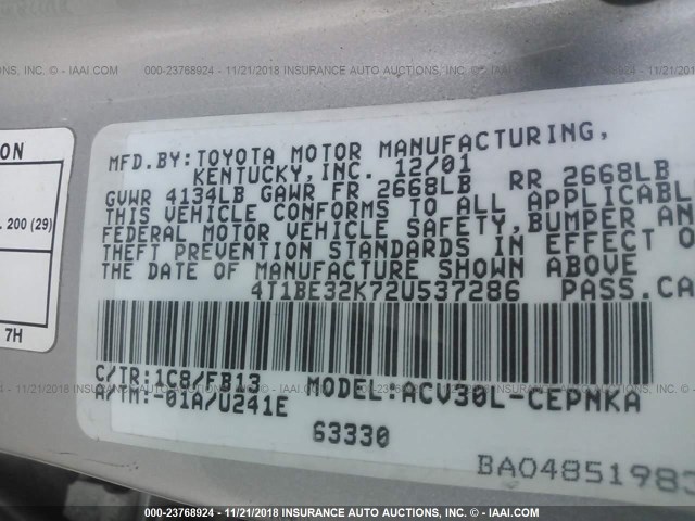 4T1BE32K72U537286 - 2002 TOYOTA CAMRY LE/XLE/SE SILVER photo 9