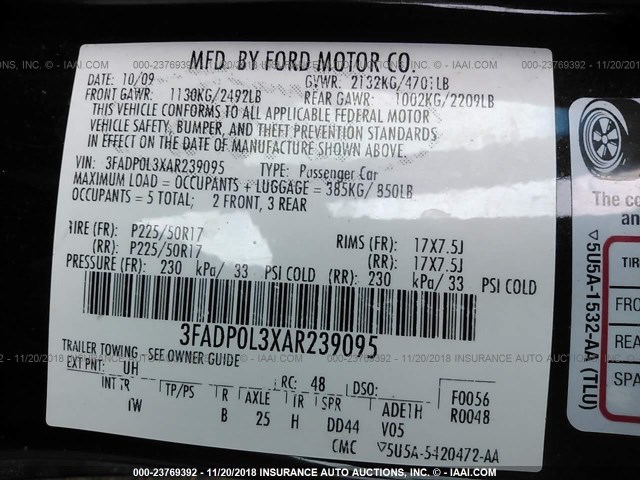 3FADP0L3XAR239095 - 2010 FORD FUSION HYBRID BLACK photo 9