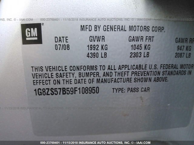 1G8ZS57B59F108950 - 2009 SATURN AURA XE SILVER photo 9