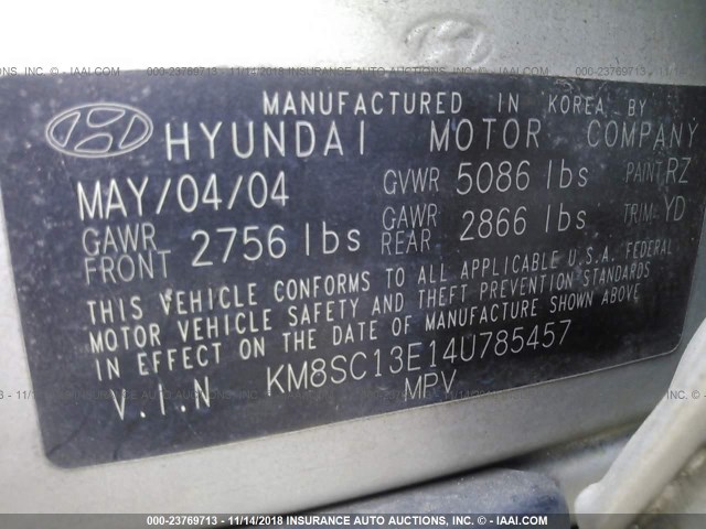 KM8SC13E14U785457 - 2004 HYUNDAI SANTA FE GLS/LX SILVER photo 9