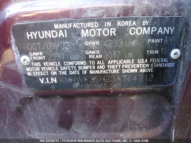 KMHWF35H23A764712 - 2003 HYUNDAI SONATA GLS/LX MAROON photo 9