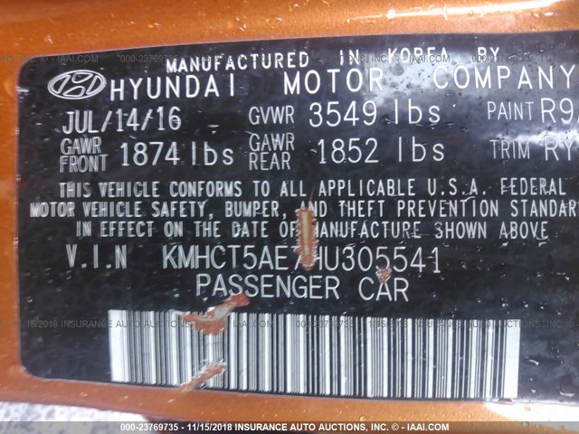 KMHCT5AE7HU305541 - 2017 HYUNDAI ACCENT SE ORANGE photo 9