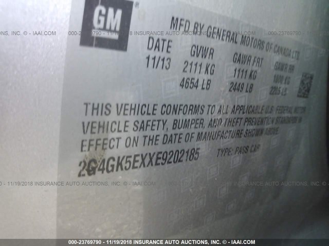 2G4GK5EXXE9202185 - 2014 BUICK REGAL SILVER photo 9