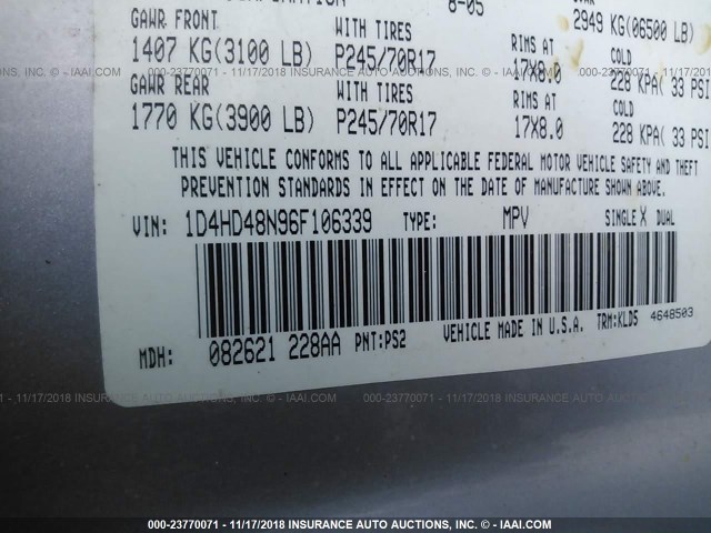 1D4HD48N96F106339 - 2006 DODGE DURANGO SLT SILVER photo 9